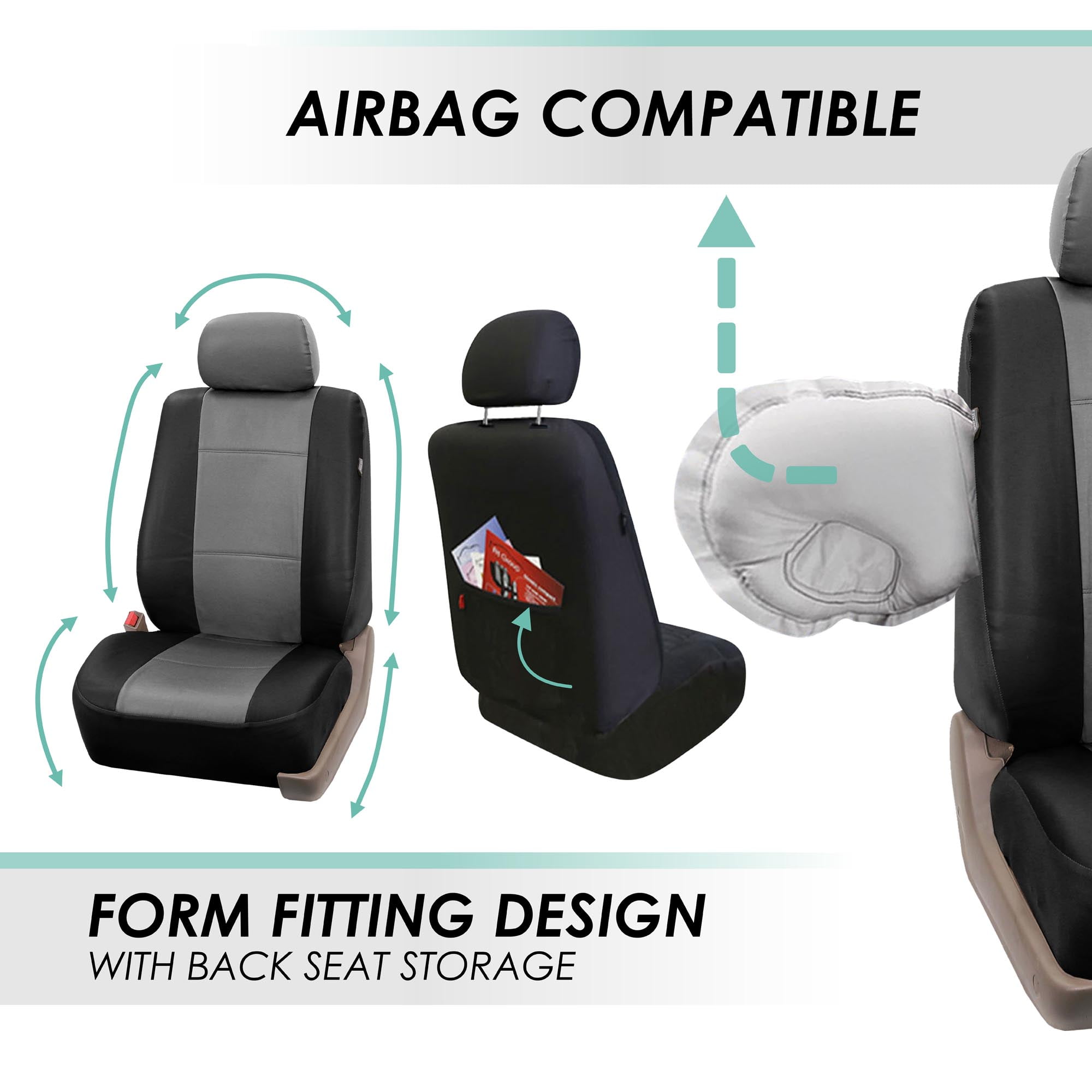 FH Group 3 Rows Universal Fit Faux Leather Car Seat Covers for SUV Sedan, Airbag Compatible, Split Bench w/ Free Air Freshener - 7 Seaters Gray