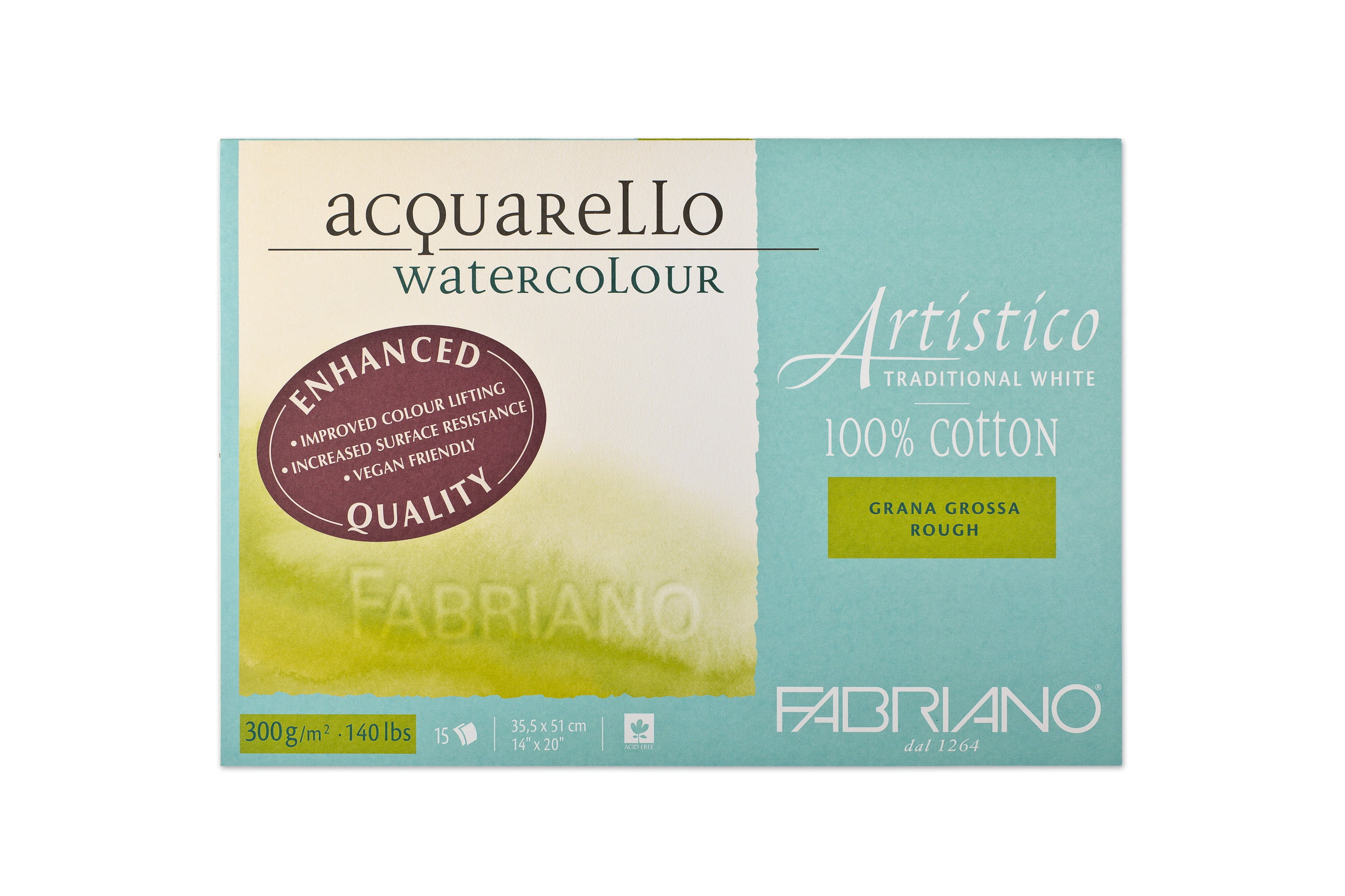 Fabriano Artistico Traditional White Watercolor Block, 140 lb./300 gsm, Rough, 15 Sheets, 14" x 20"