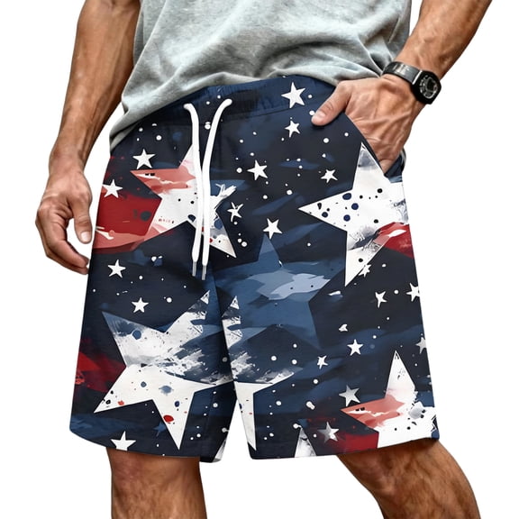 JULMCOMO American Flag Men's Shorts Drawstring Red White Blue Loose Stars Stripes Summer Shorts for Independence Day with Pockets Dark Blue 2XL