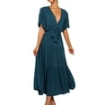 thumbnail image 3 of Nlife Women V Neck Flare Sleeve Pleated Tiered Tie Waist Maxi Dress, 3 of 7