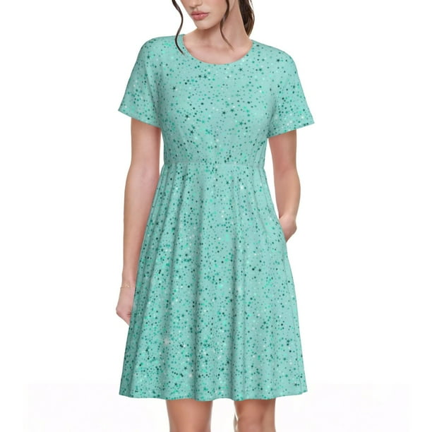 Balery Teal Turquoise Glitter Vestidos sueltos de manga corta para mujer, vestidos de verano 2025, vestidos casuales de corte A con vuelo.