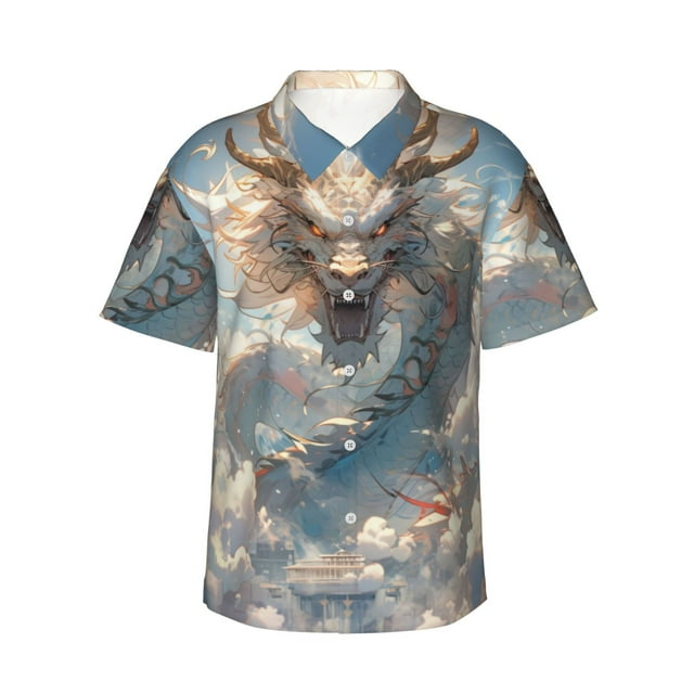 Balery Cool Cloud White Dragon Camisas hawaianas de manga corta para hombre, camisas playeras de corte holgado, camisas de vacaciones con botones,Large