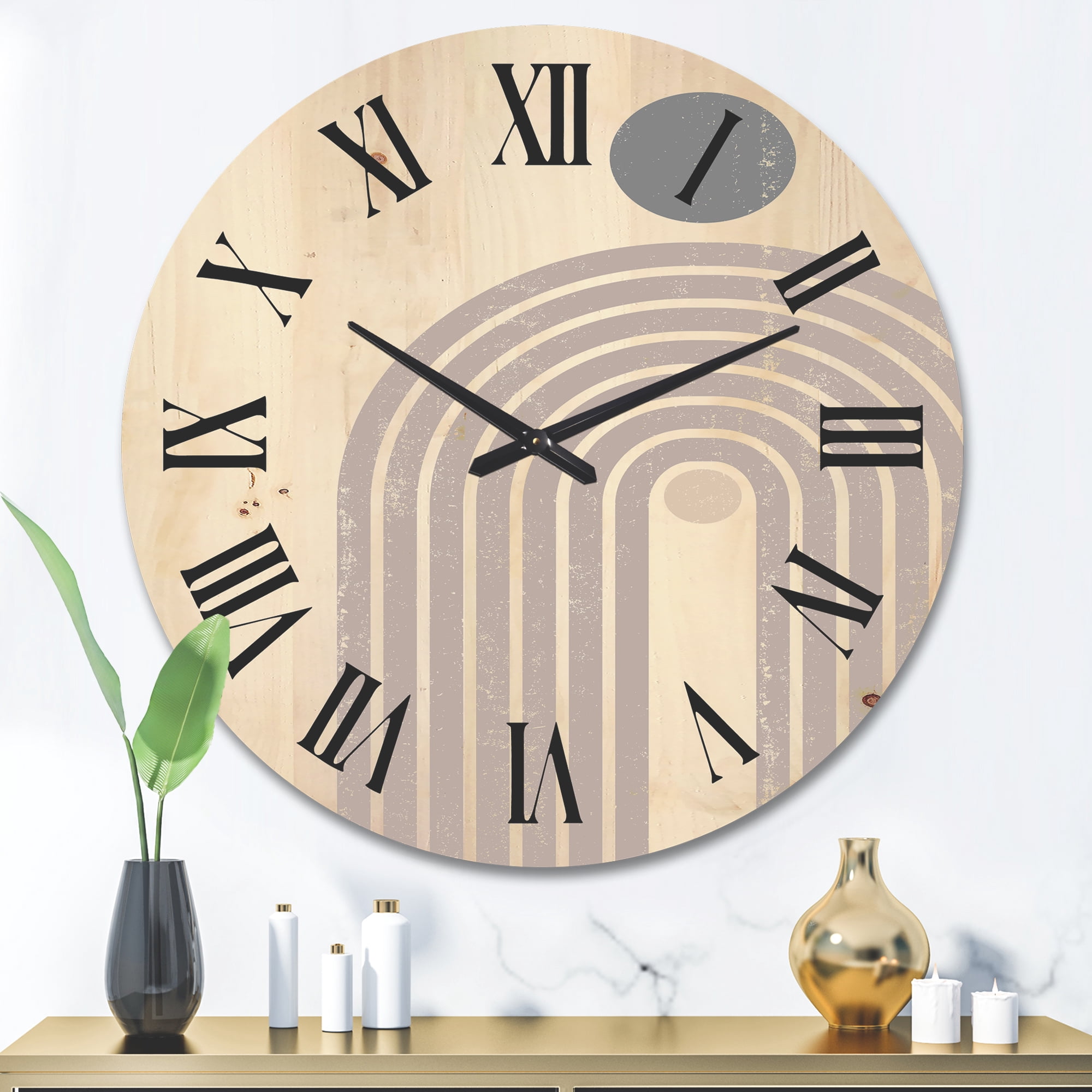 Designart 'Abstract Rainbow Moon and Sun In Earth Tones I' Modern Wood Wall Clock