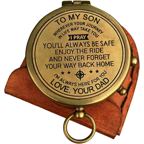 NauticalMart Brass Compass with Leather Case - Dad to Son Gift, Love Dad, Traveler, Inspirational, Adventurer, Wedding, Baptism, Graduation Gift for Son