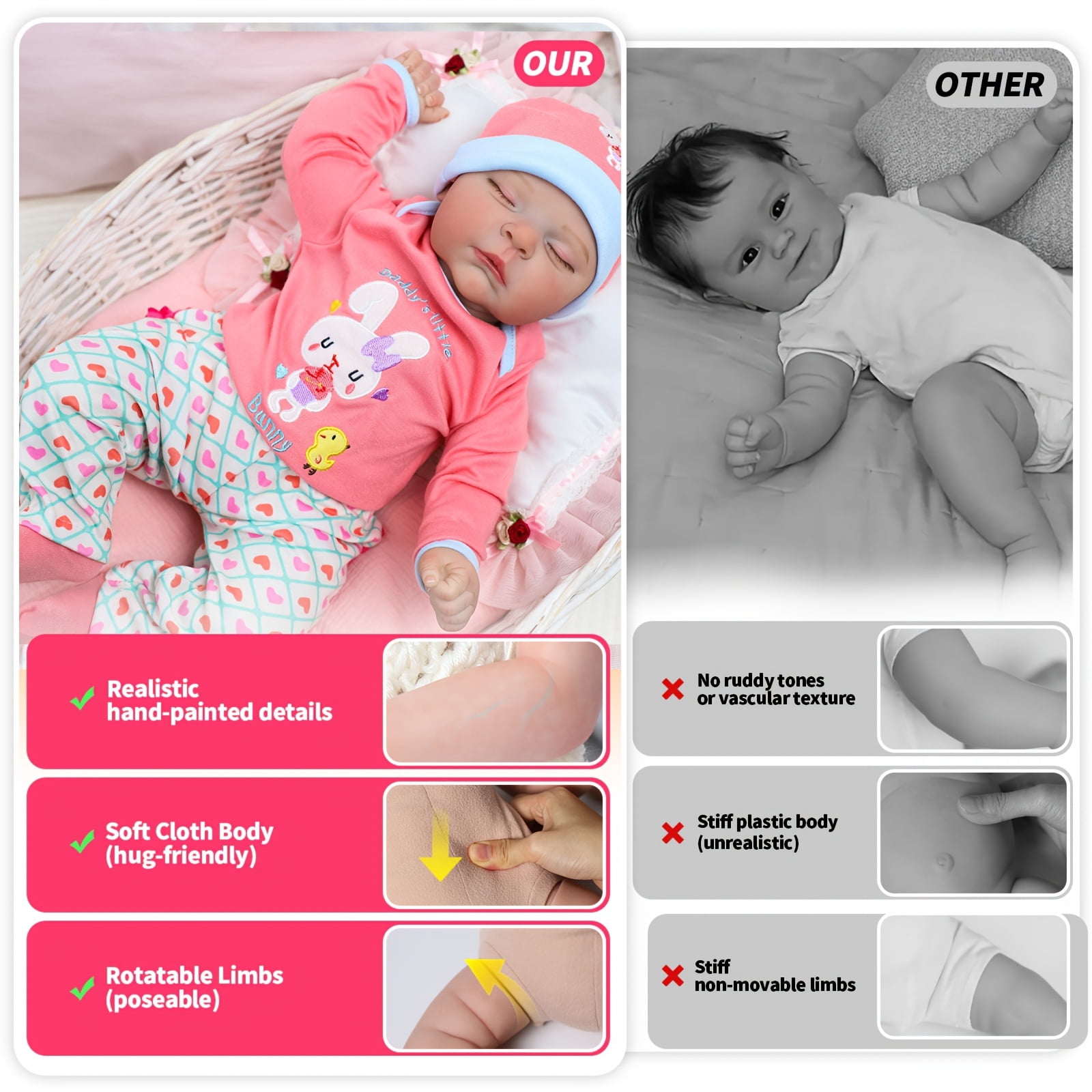 22 Inch Reborn Baby Doll, Realistic Sleeping Newborn Doll, Soft Cloth Body With Accessories, Lifelike Baby Doll Toy Gift For Kids Age 3+ Christmas Present