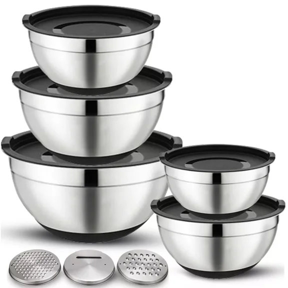 5-Piece Stainless Steel Mixing Bowls with Grater, Durable Nonslip Nesting Mixing Bowl Set with Lids, Rust Proof Kitchen Bowls for Cooking and Storage