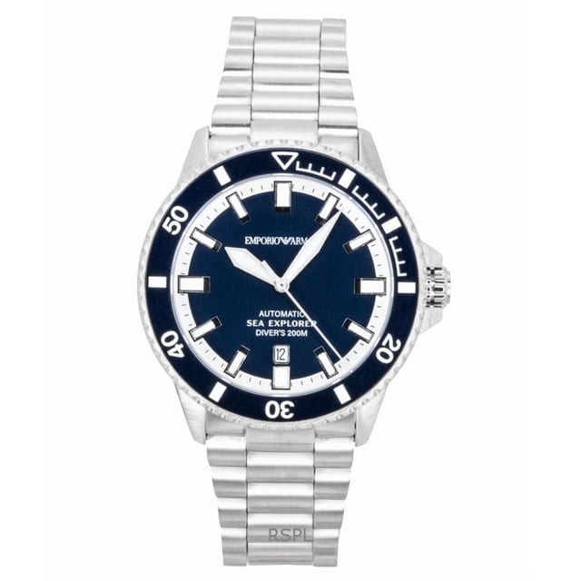 Emporio Armani Reloj de Buceo Automático Sea Explorer AR60087 de Acero Inoxidable con Esfera Azul y Correa de Piel para Hombre (200 M)