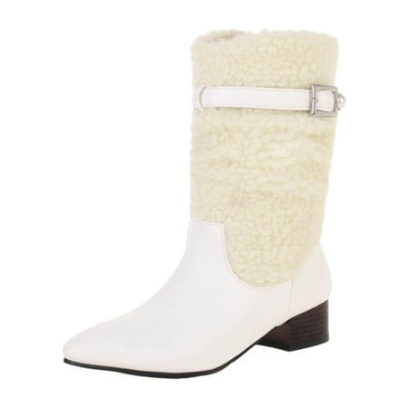 

Juebong Shearling Leather Boots for Women Snow Boots Classic Mid Calf Fur Winter Snow Boots White 7