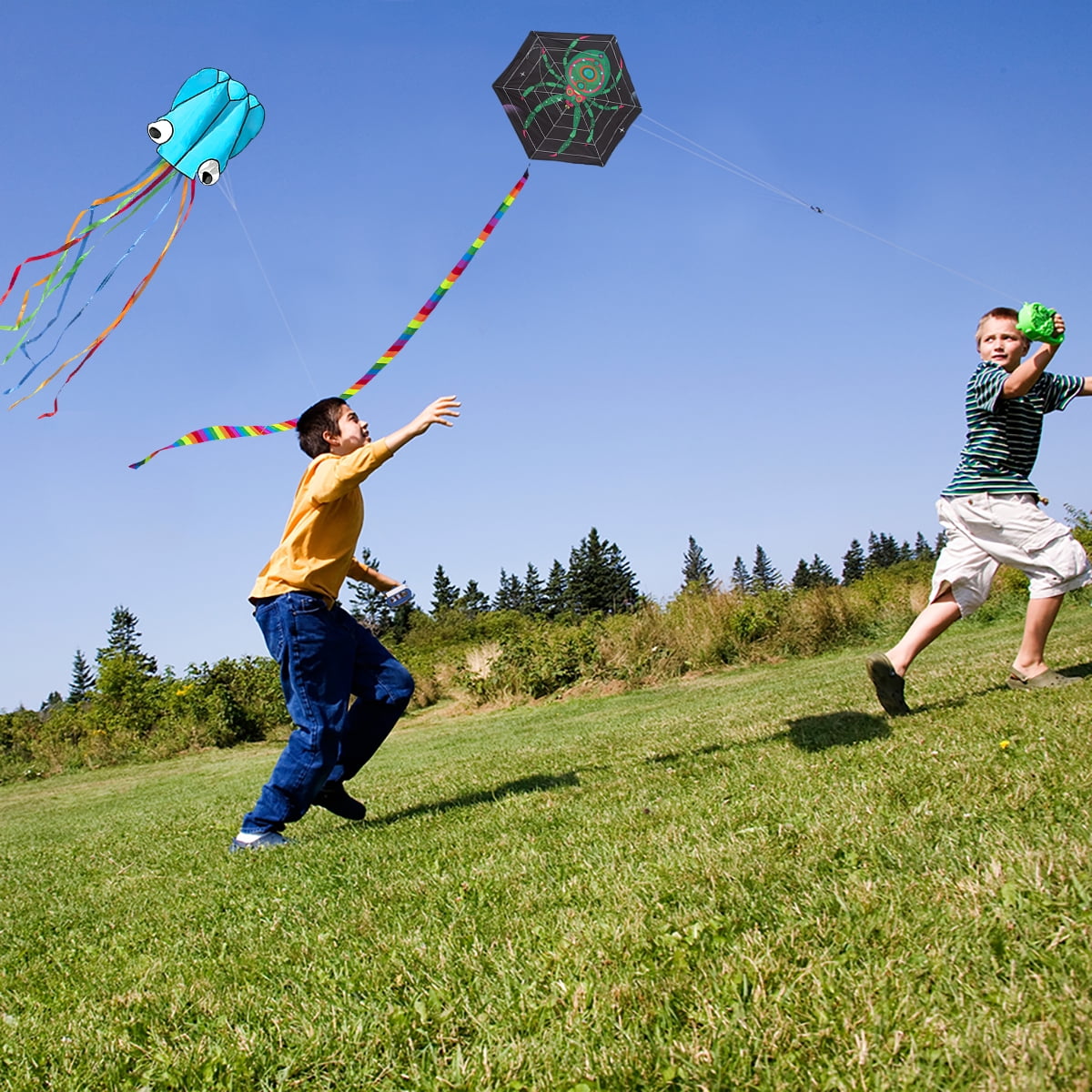 Kepooman Large Blue Octopus Kite & Green Spider-Print Kite with Tail & Lines, 2 Pack Easy Flyer Kites for Family Outdoor Game Activities Kepooman Large Blue Octopus Kite & Green Spider-Print Kite with Tail & Lines, 2 Pack Easy Flyer Kites for Family Outdoor Game Activities