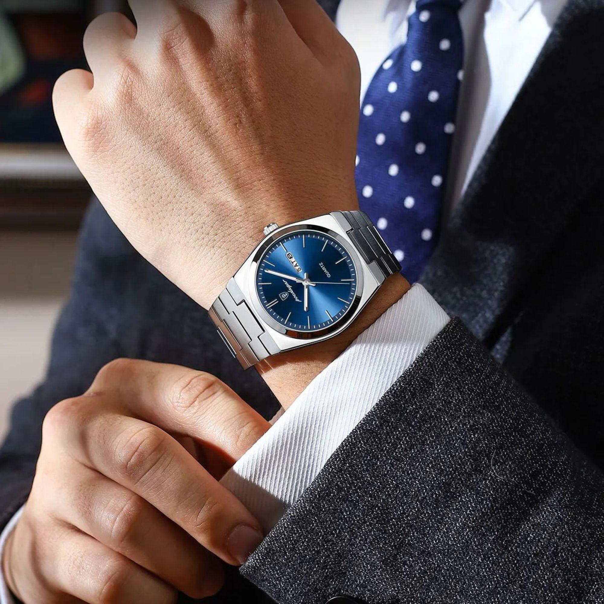 POEDAGAR Men Blue Quartz Stainless Steel Fashion Watch Analog Waterproof Luminous Date Wristwatch
