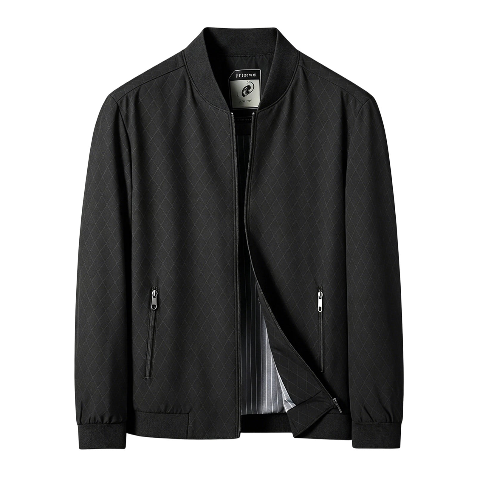 Iyufng Mens Classic Diamond Pattern Bomber Jacket Zip Up Rib Cuff Collar Long Sleeve Daily Casual Outerwear