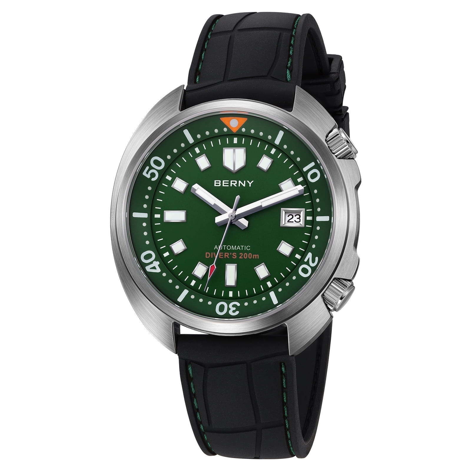 BERNY Automatic Dive Watches for Men, Sport 200M Waterproof Analog Mechanical Watch with Date Display, Super Luminous, Silicone Strap, Sapphire Crystal, Fashion Men's Diver Watch (Green)