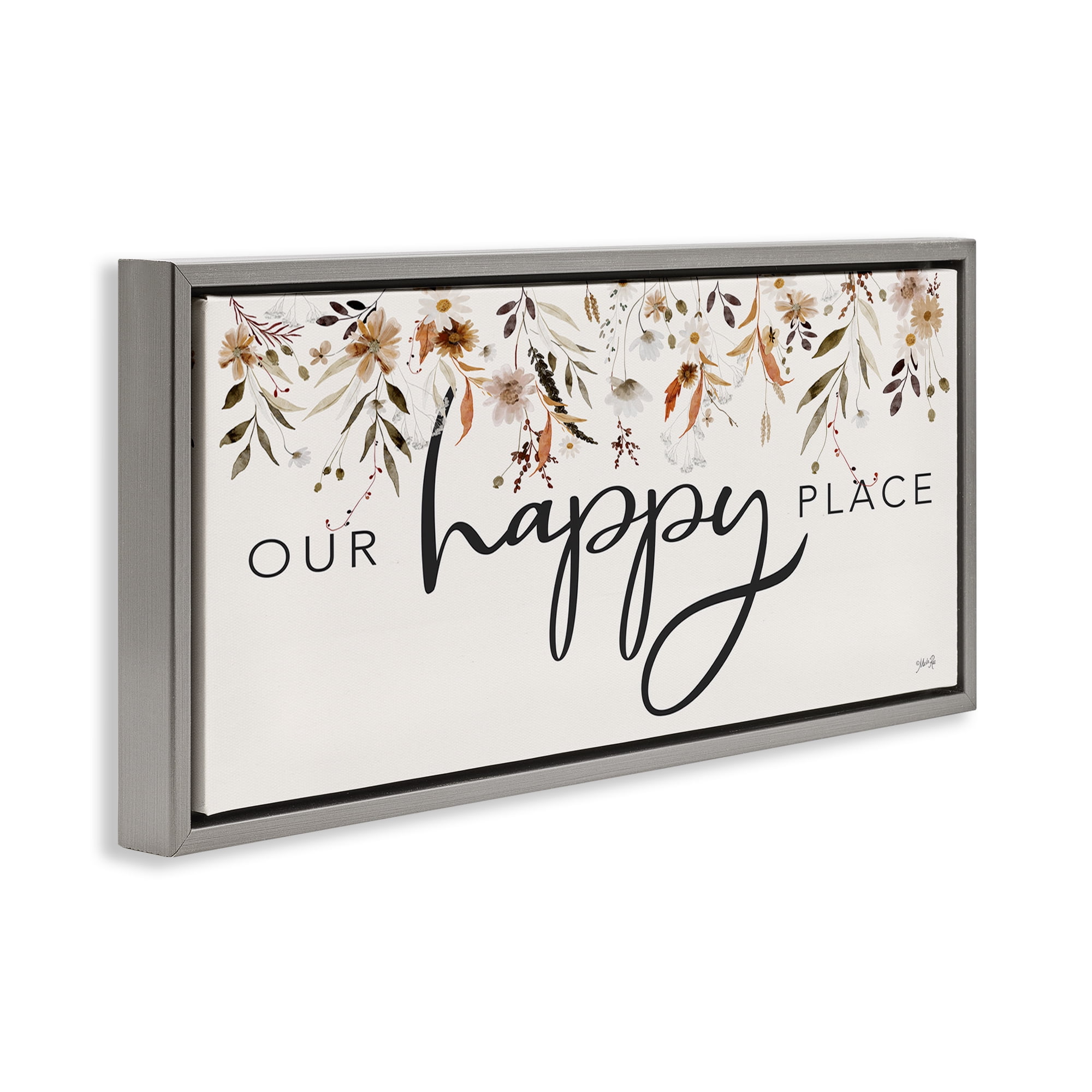 Stupell Industries Our Happy Place Florals Botanical & Floral Painting Gray Floater Framed Art Print Wall Art, 25 x 11