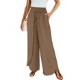 thumbnail image 2 of Cotton Linen Pants Women Smocked High Waisted Split Wide Leg Pants Summer Flowy Vacation Beach Pant with Pockets 2025, Light Brown XXL, 2 of 7
