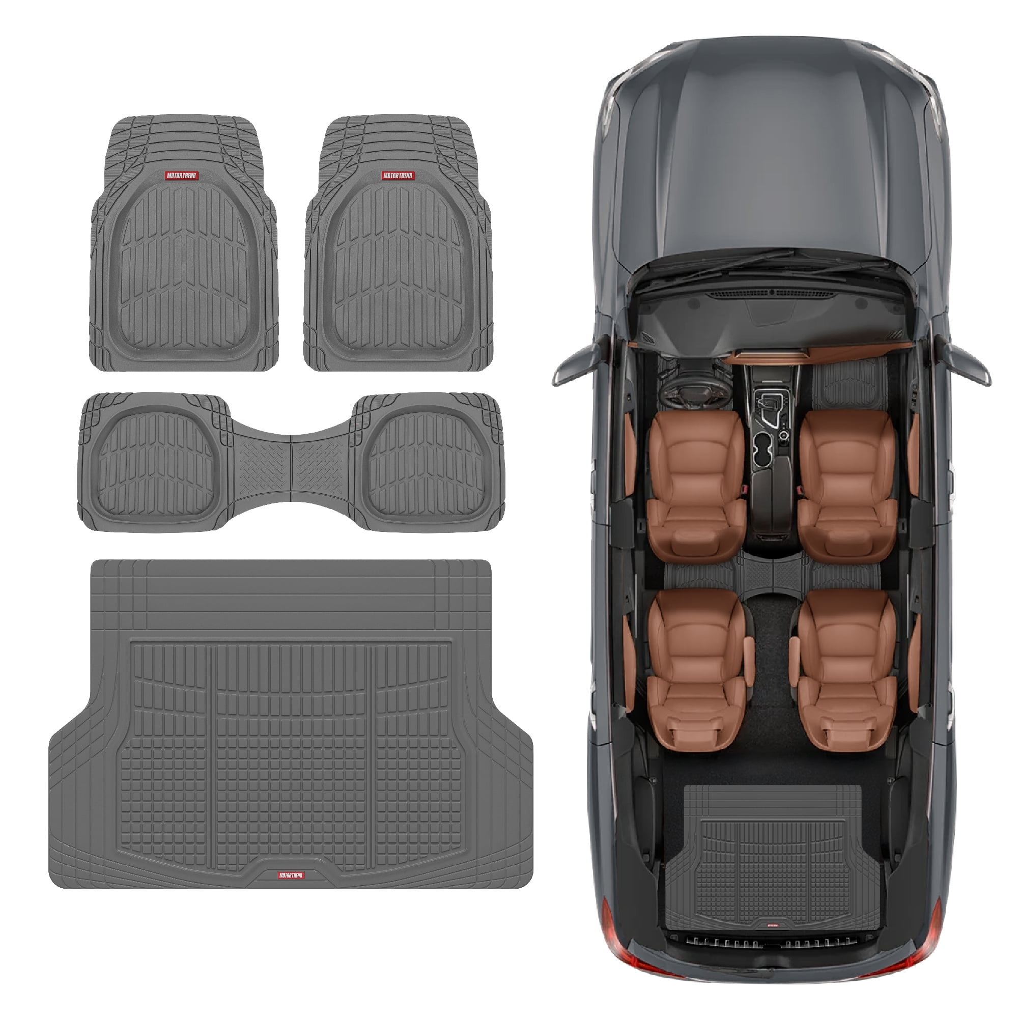 Motor Trend FlexTough Contour Liners Deep Dish 3 pc Rubber Floor Mats & Trimmable Trunk Liner Cargo Mat - Heavy Duty All Weather Protection Car Mats with Traction Grips Car Accessories (Gray)