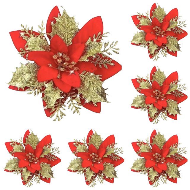 Christmas Decorations Artificial flowers Artificial Christmas Glitter Flowers With Clips Xmas Tree Flower Ornament Decor Suitable For Many Occasions Household Imitation