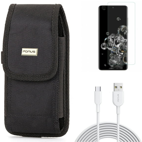 6ft USB-C Cable w Case Belt Clip w Screen Protector for Samsung Galaxy S20 Ultra - Type-C Fast Charger Cord, Rugged Holster Canvas, Tempered Glass [Fingerprint Unlock] 3D Curved fits Galaxy S20 Ultra