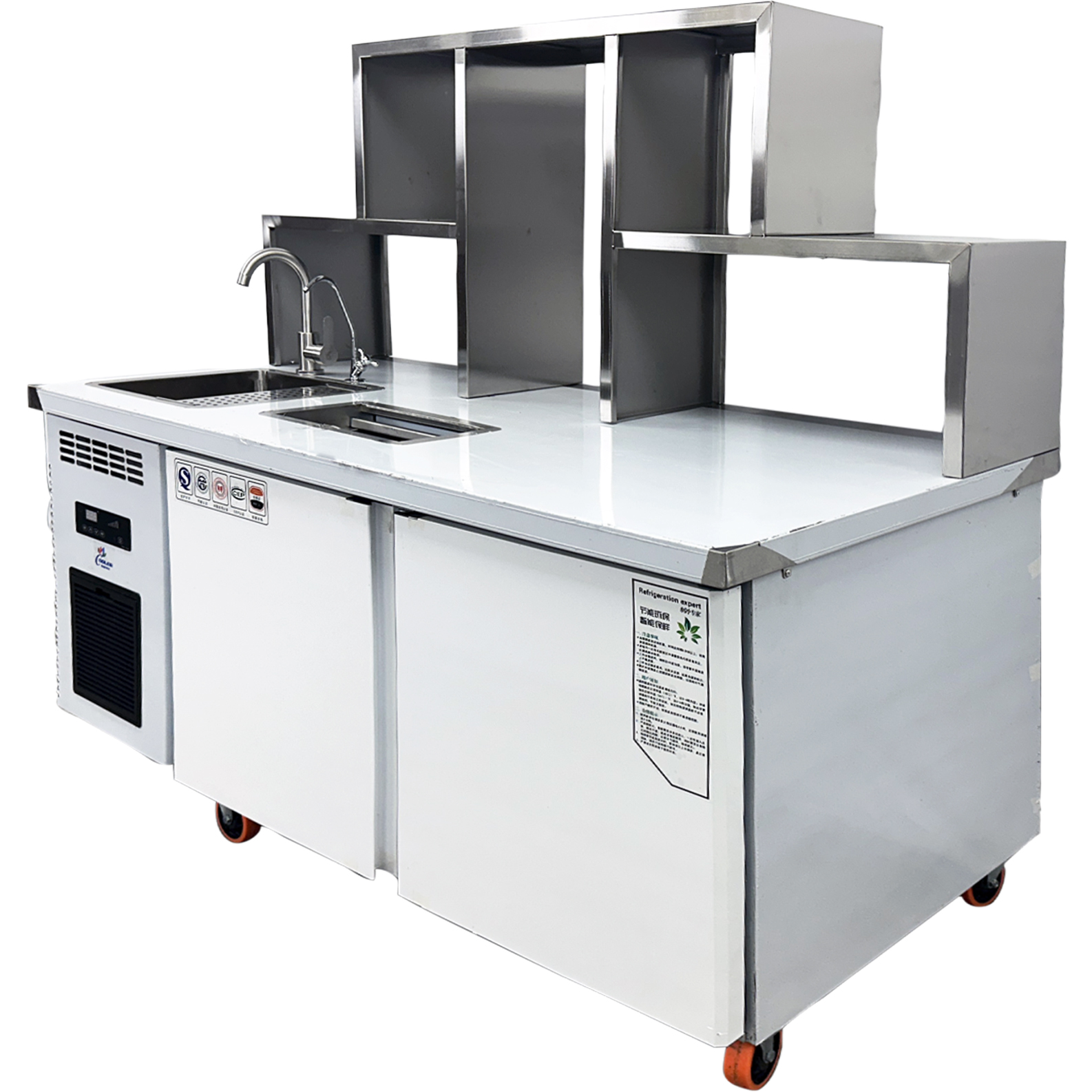 59" Refrigerated Water Bar Workstation with Sink, Shelves & Double Door Cooler, 110V R600A ,Commercial Prep Counter