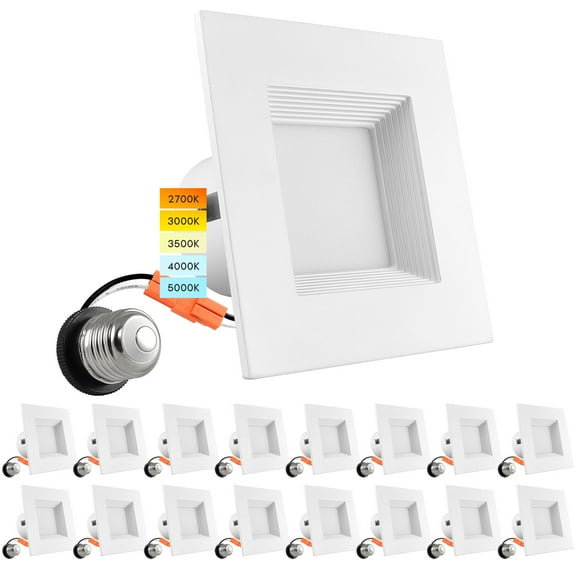 Luxrite 16-Pack 4 Inch Square Recessed LED Can Lights 5 Color Temperature Selectable Dimmable Wet Rated Baffle Trim