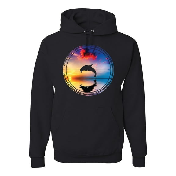 Cute Wild Dolphin Sunset Lake Fashion Graphic Hoodie Sweatshirt, Black, Small