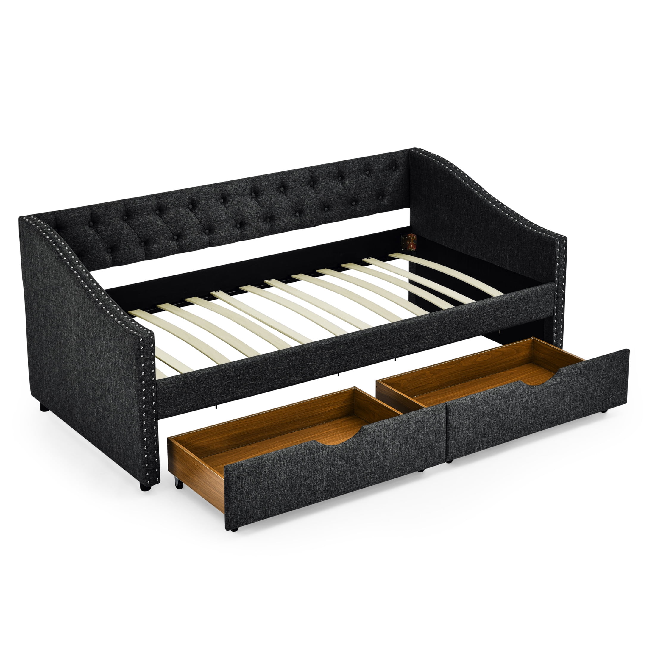 Noble House Twin Size Button Tufted Daybed, Linen Sofa Bed Frame with Storage Drawers and Nailhead Waved Arms, Dark Grey