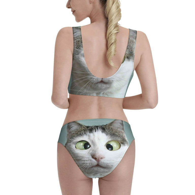 Balery Funny Cat Women Bikini Swimsuit Tankini Set 2 Piece Bathing Suit Scoop Neck Swimsuit X Large