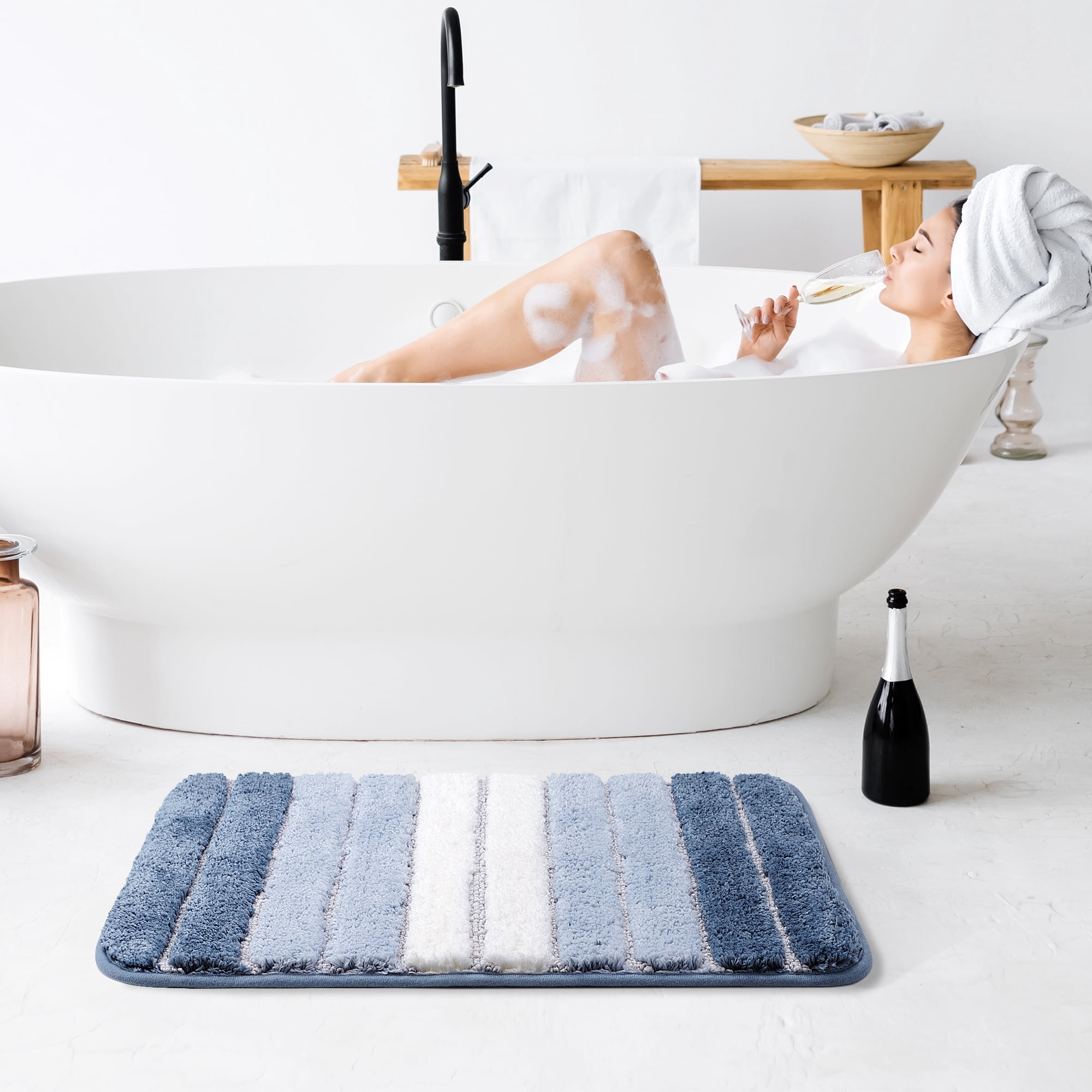 PiccoCasa Microfiber Striped Bathroom Rugs Non Slip Soft Blue 20"x31"