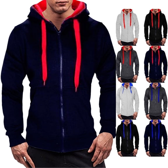Hzzrkos Men Athletic Casual Slim Solid Color Hooded Long Sleeve Drawstring Contrast Pullover Hoodie Sweatshirt Top