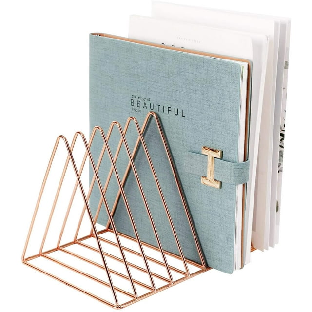 PENGKE File Organizer Triangle Iron Desktop Storage Book Rack Bookshelf Copper Magazine Newspaper Holder Art Desktop Organizer Rack,Rose Gold Pack of 1