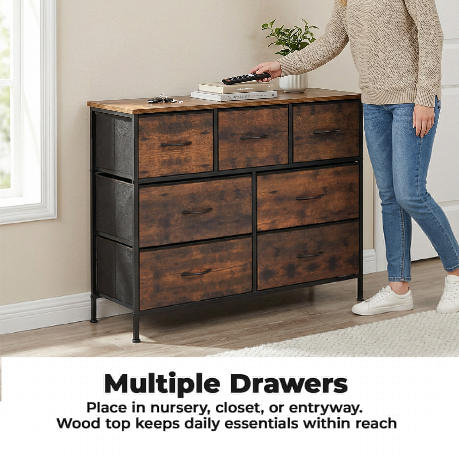 Alvantor Tall Dresser Fabric Storage Tower ,Wooden Top for Kid Room, Closet, Entryway, Nursery