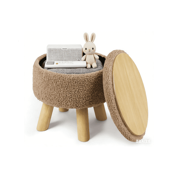 Gray-brown Boucle Round Ottoman with Storage - Teddy Velvet Footrest Stool with Wooden Legs for Living Room, Bedroom & Entryway