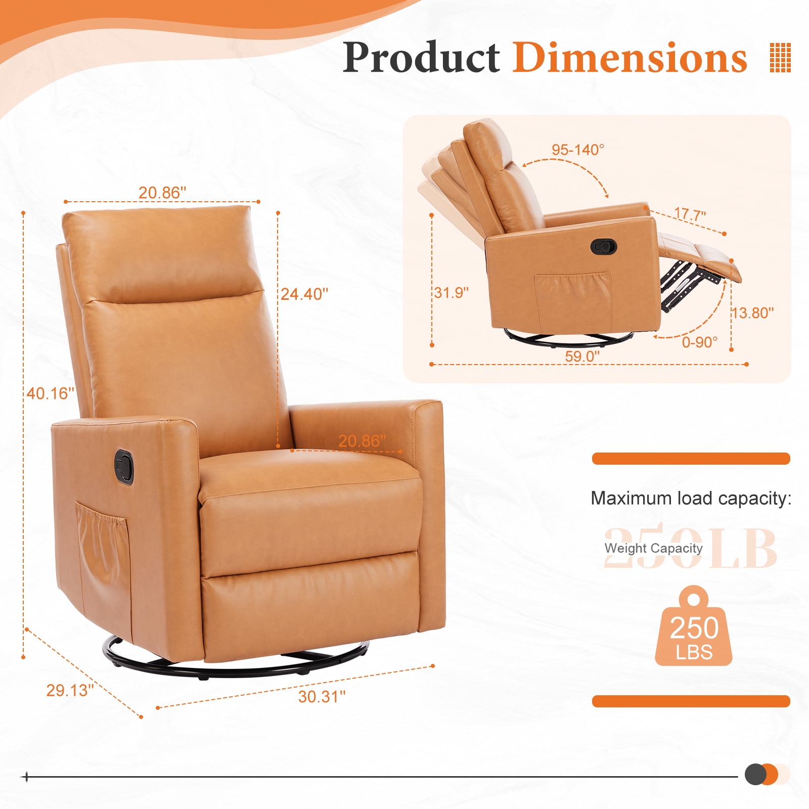 Recliner Message Chair with Footrest, Swivel Rocking Glider, High Back Upholstered Deep Seat for Living Room, Brown