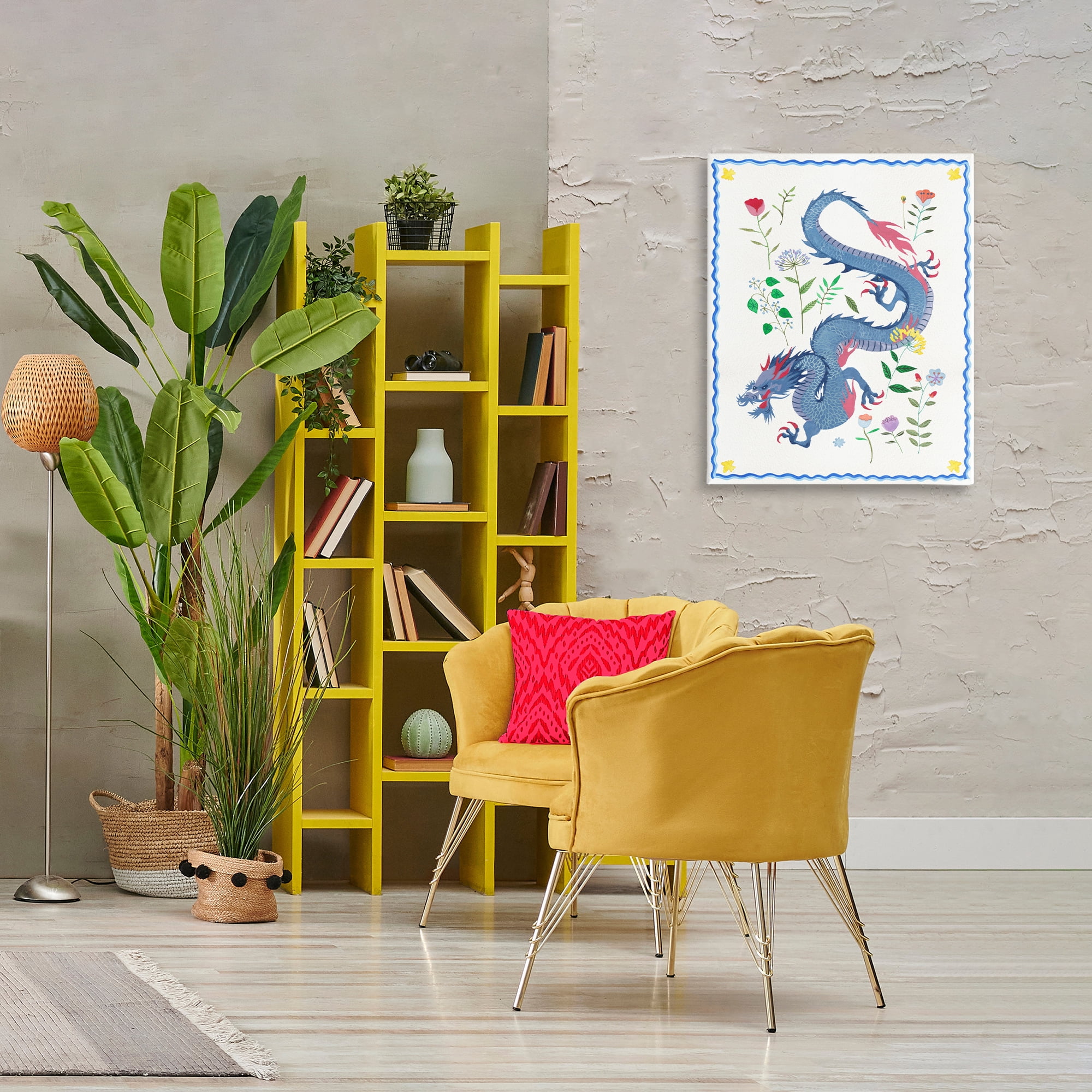 Stupell Industries Blue Dragon & Botanicals Fantasy & Sci-Fi Painting Wrapped Canvas Art Print Wall Art, 24 x 30