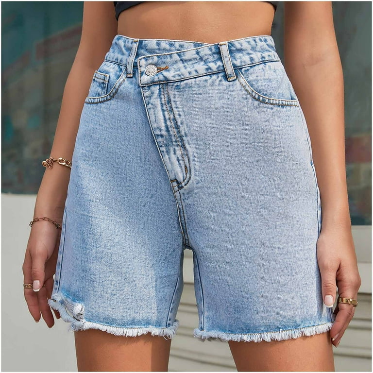 YWDJ Womens Shorts Denim Stretch Tummy Control Jeans Fashion High-waisted  Straight Pocket Short Pants Blue S 