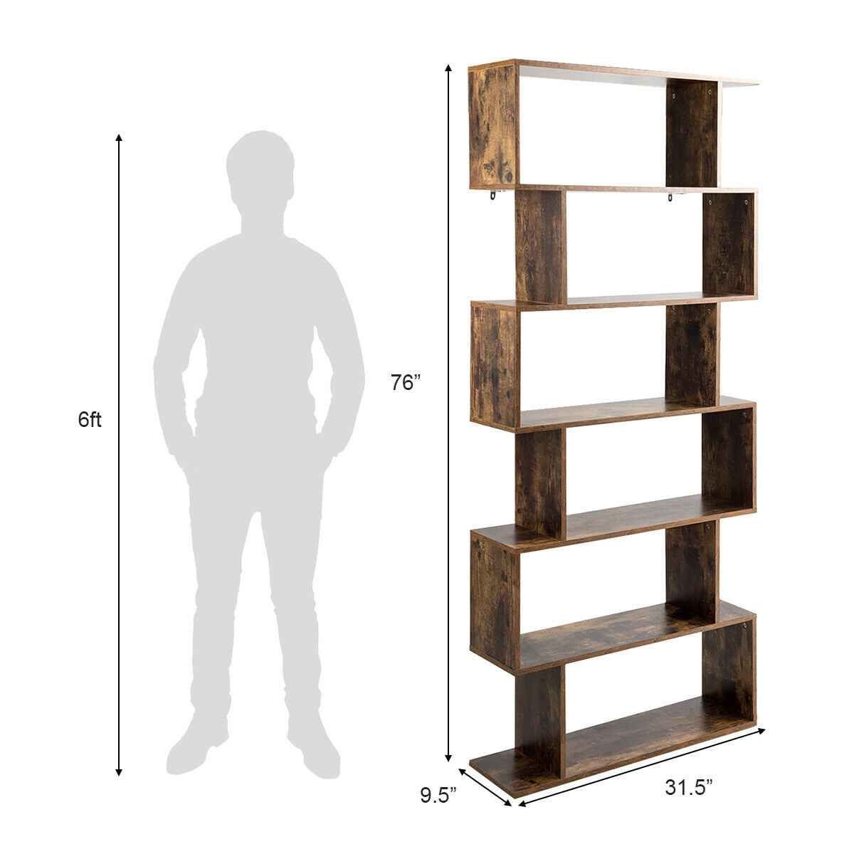 Gymax S-Shaped 6 Tier Bookcase, Brown