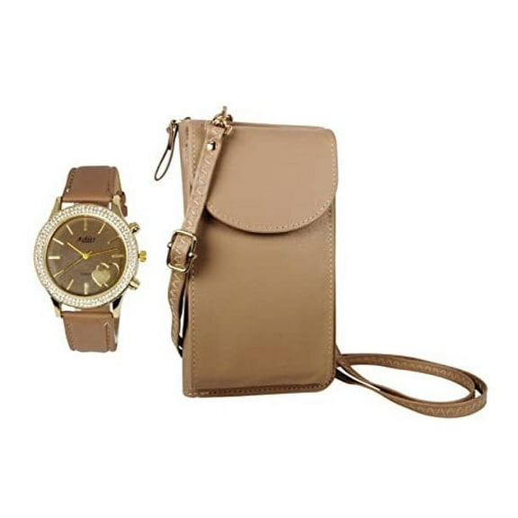 Women's Easy Reader Colorful Watch Matching with Perfect Colorful Wallet which Holds Smartphone, Credit Cards, Cash & Change Organized & Elegantly Impressive Gift Set - ST10385-Brown