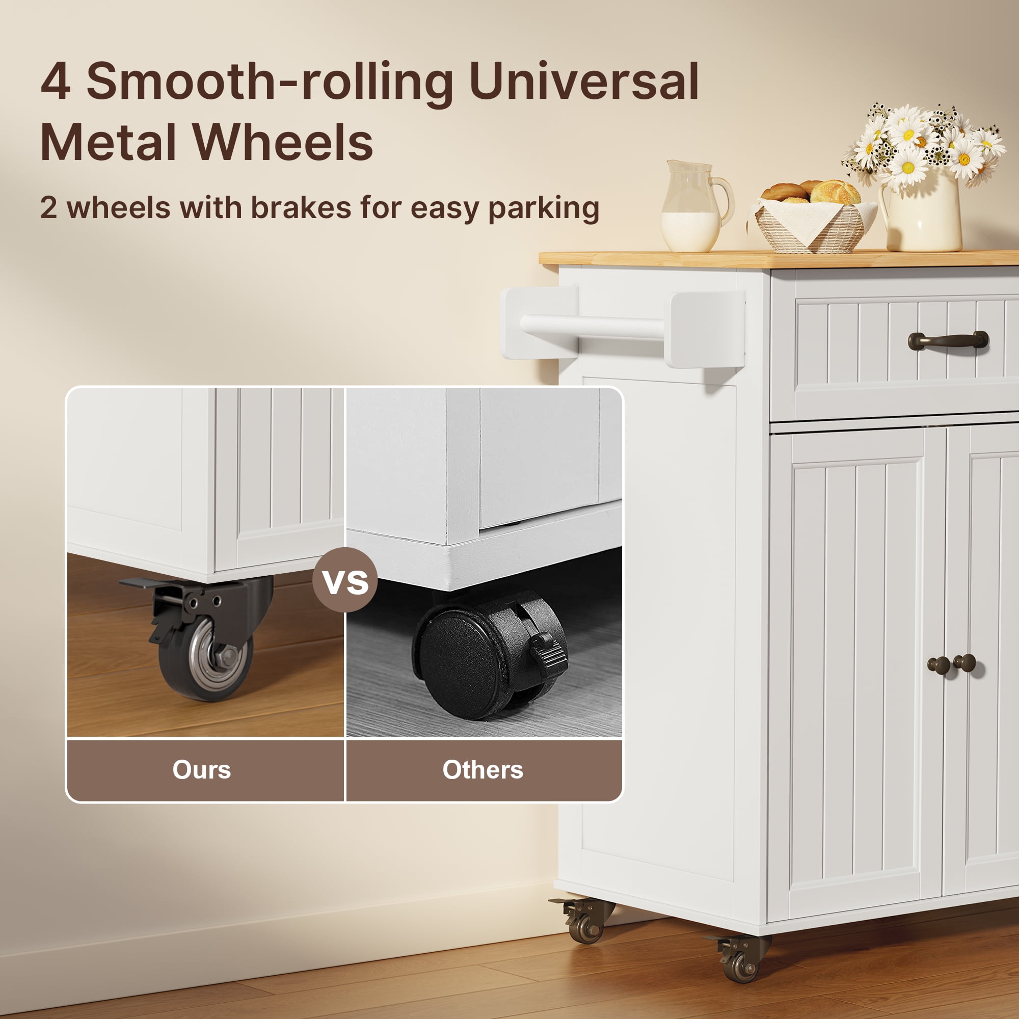 Lofka Kitchen Island Cart with Storage on Wheels, Microwave Stand with Spice Rack & Towel Rack, White Rolling Kitchen Cart with Drawer, Adjustable Shelf for Small Kitchen, Dining Room