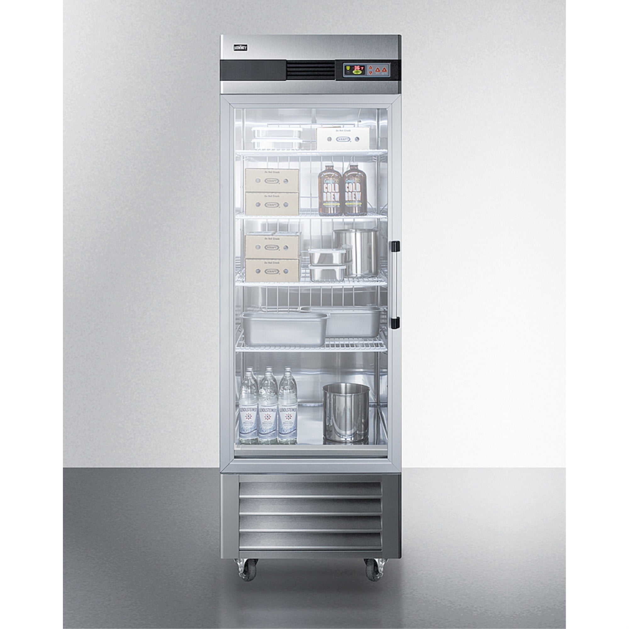 Commercially approved 23 cu.ft. glass door reach-in refrigerator, left hand door swing