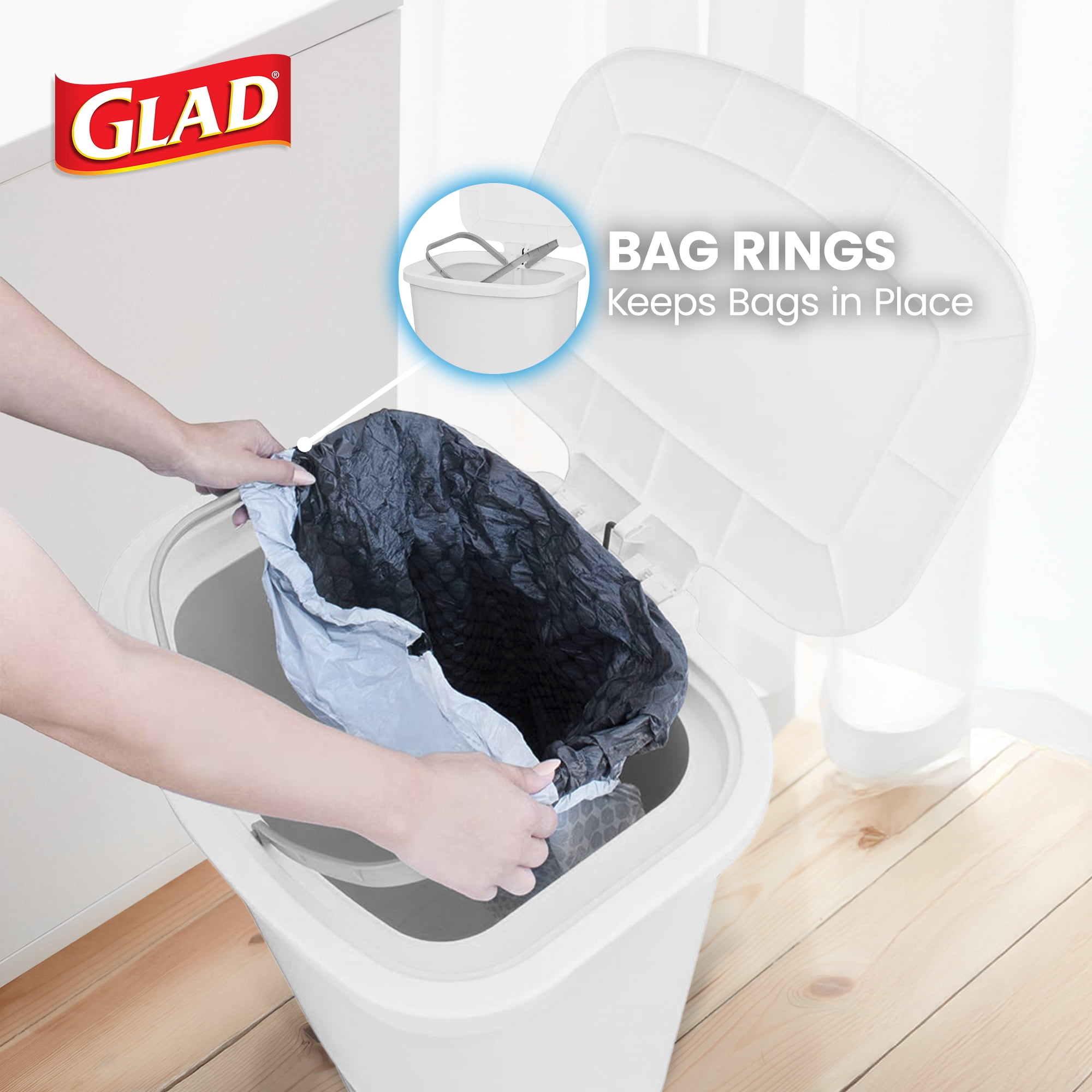 Glad Kitchen Trash Can with Lid, Step Foot Pedal and Garbage Bag Rings, 20 Gallon, White