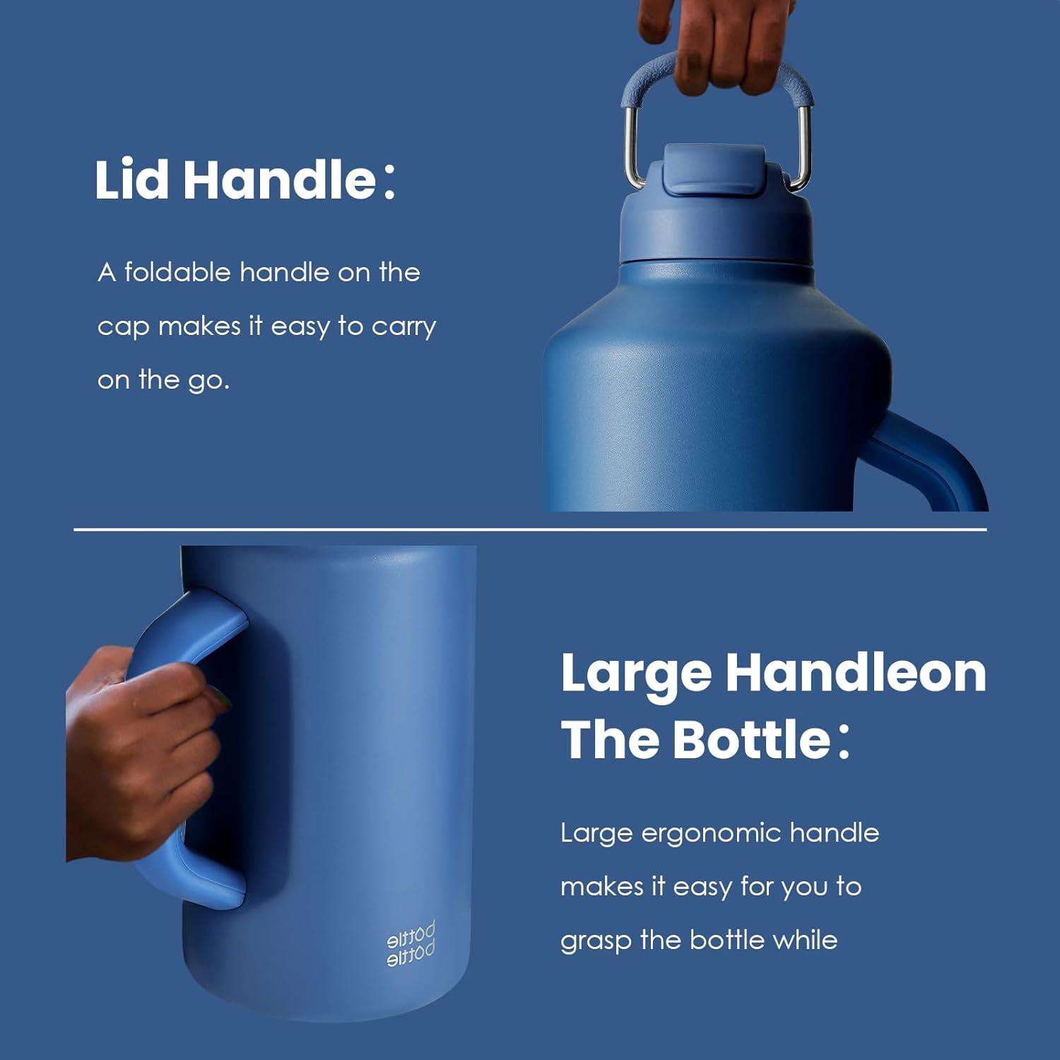 BOTTLE BOTTLE Insulated Water Bottle 64 oz with Straw handle and Dual-use Lid Half Gallon Jug Stainless Steel Water Bottle for Sports Blue