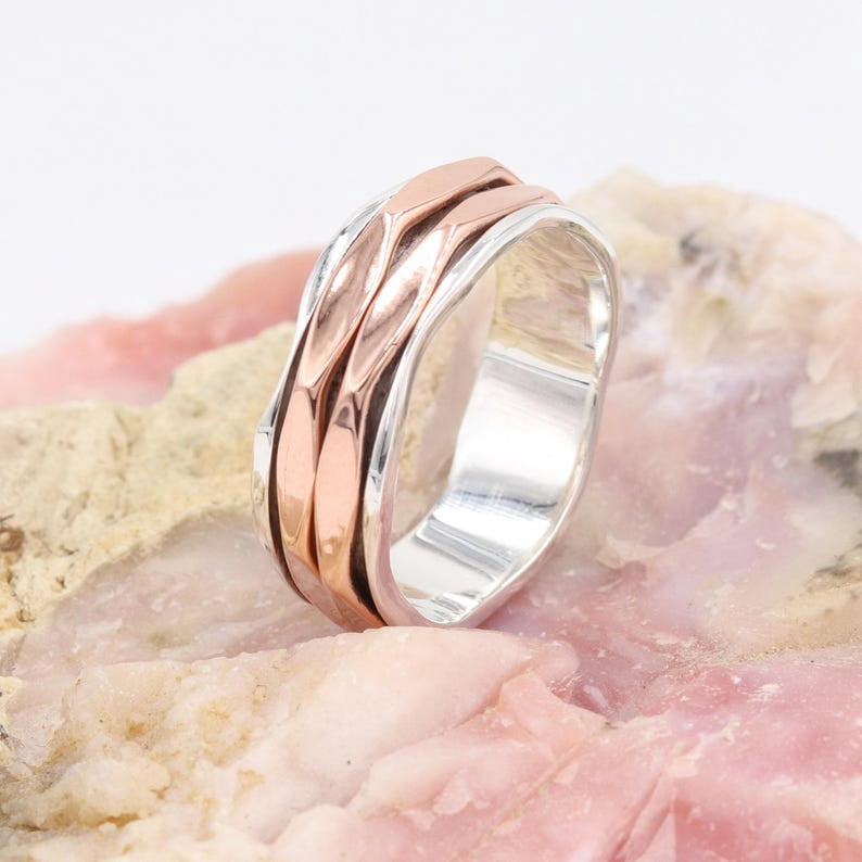Earth Gems Jewelry Fidget Spinner Ring Sterling Silver Women’s Two-Tone Wave Band Ring