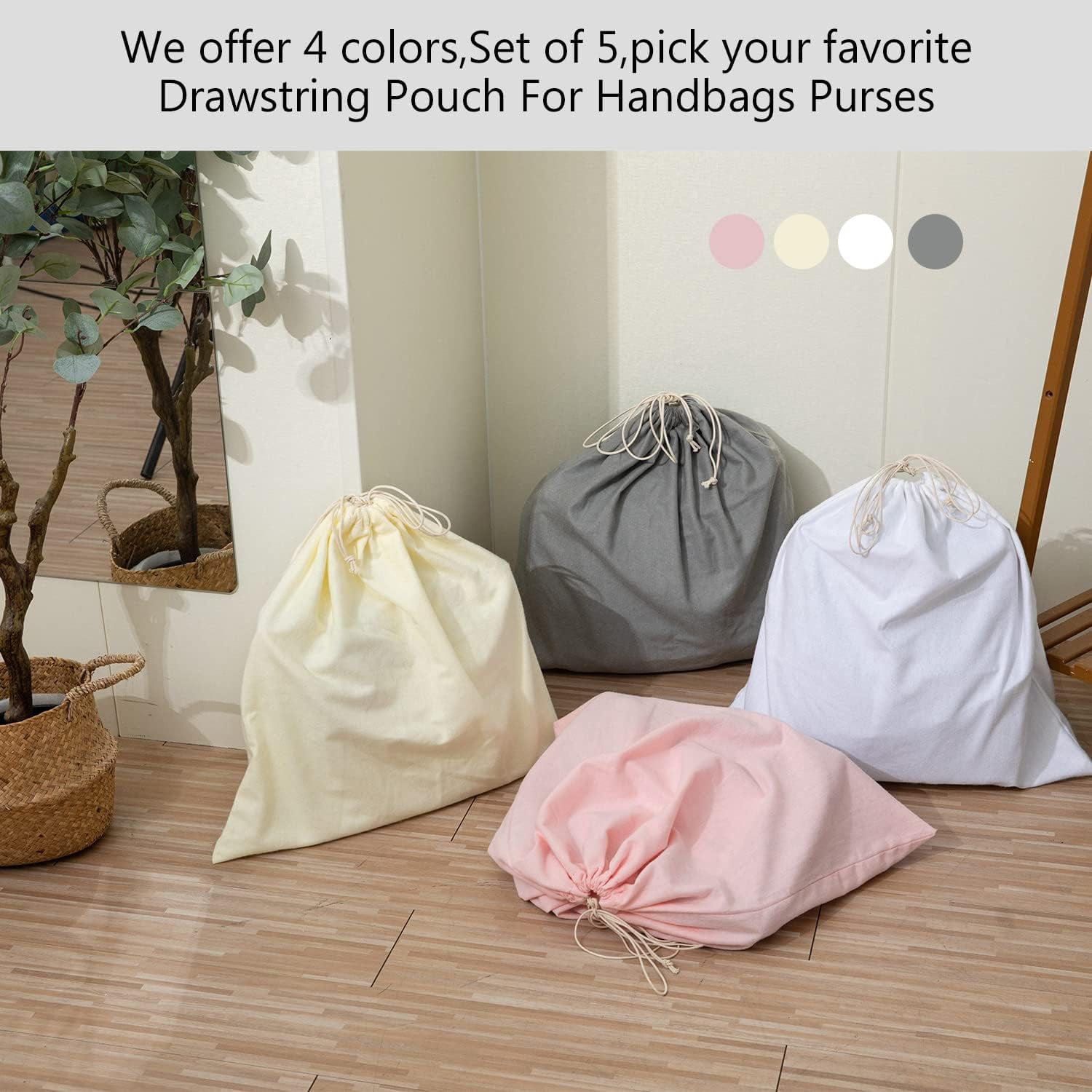 100% Cotton Bags 5 Pack Dust Cover Storage Pouch with Drawstring Closure for Packaging Handbags Purses Pocketbooks Shoes Boots, White (21 x 19 in)