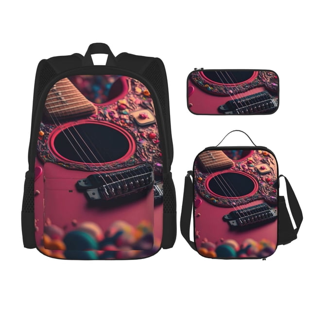 Bingfone Romantic Heart Guitar for Backpack Lunch Bag Pencil Case Set, Large Capacity School Backpack Combination Three-piece Set, Unisex