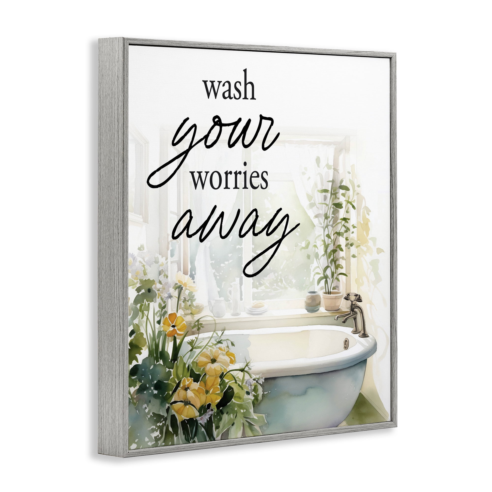 Wash Worries Away Sunlit Bath Gray Framed Giclee Art, design by Lettered and Lined