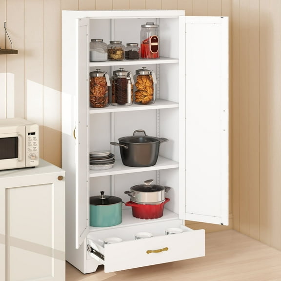 DEXTRUS Metal Pantry Cabinet with Adjustable Shelves & Drawer, Kitchen Storage Cabinet, White