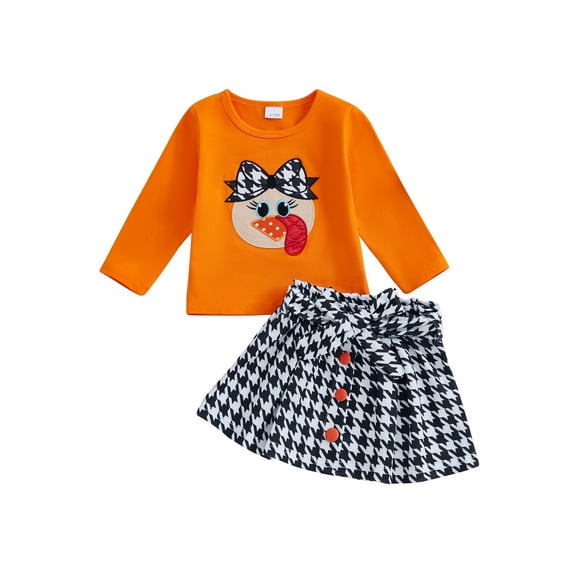 Toddler Baby Girl Thanksgiving Outfit 6 12 18 24 Months 2T 3T 4T Turkey Embroidery Long Sleeve Sweatshirt with Houndstooth A-Line Skirt