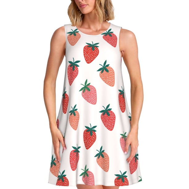 Balery Hand Drawn Strawberry Vestidos de verano para mujer con estampado: vestido holgado sin mangas, vestido playero informal y cómodo para días calurosos.