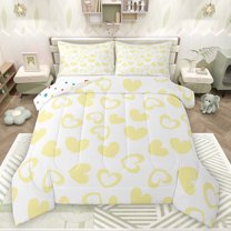 Feelyou Cute Love Heart Full Size Comforter Sets for Kid, Chic Abstract Yellow Bedding Comforter Set, Modern Fashion Cartoon Reversible Bedding Sets, Super Cozy Room Decor, 3-Piece