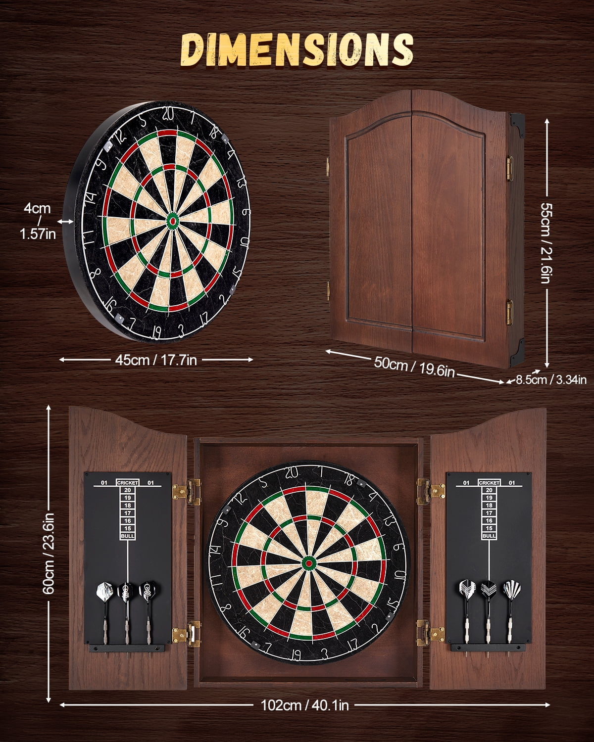 Yirinatek Sisal Dart Board Cabinet Sets, Decorative Dart Boards for Adults [12*Steel Darts] - Wooden Dartboard Cabinet with Integrated Scoreboard for Family Game Rooms [Coffee]