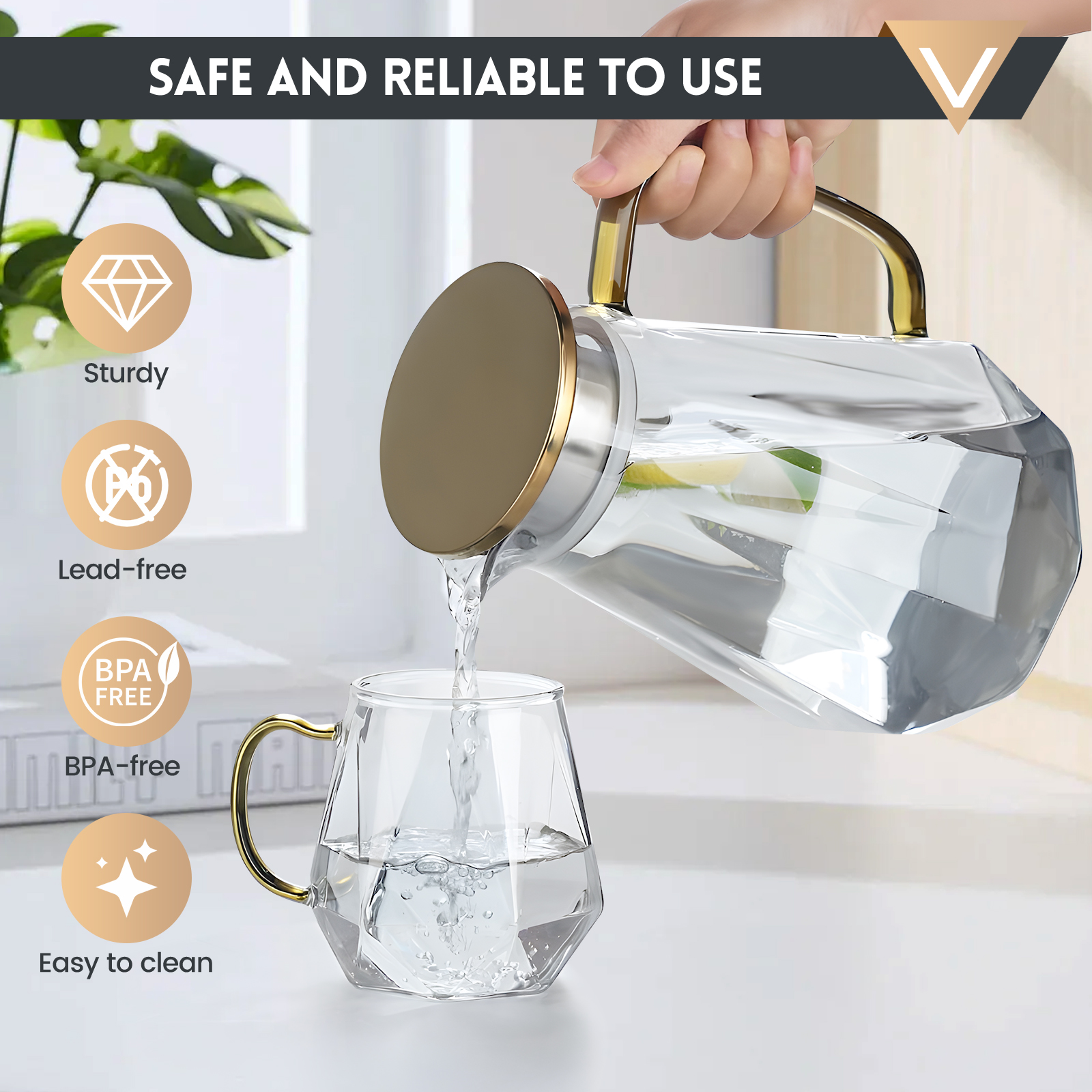 2000ml BPA-Free Water Pitcher with Gold Diamond Pattern Lid, Lead-Free Plastic Water Dispenser Safe for Dishwasher, Temperature Resistant from -4°F to 302°F (Clear)